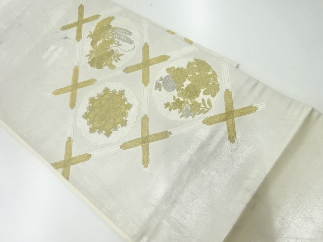 アンティーク　蘇州刺繍格天井に松菊模様袋帯（材料）